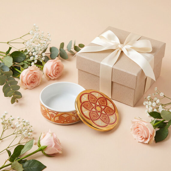 Özel Tasarım El Dekoru Altın Yaldızlı Kapaklı Porselen Mumluk & Dekoratif Kutu 12 Cm - 1