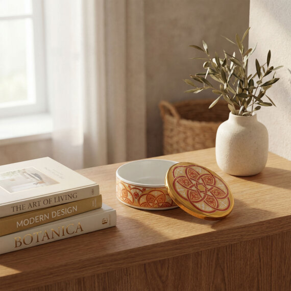 Özel Tasarım El Dekoru Altın Yaldızlı Kapaklı Porselen Mumluk & Dekoratif Kutu 12 Cm - 3