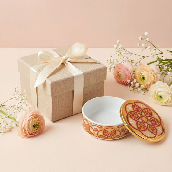 Özel Tasarım El Dekoru Altın Yaldızlı Kapaklı Porselen Mumluk & Dekoratif Kutu 12 Cm - 6