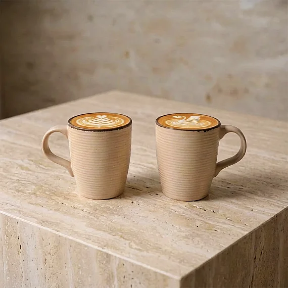 Bej Rölyef Desenli 2'li Porselen Mug Bardak Seti - 1