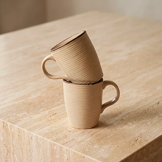 Bej Rölyef Desenli 2'li Porselen Mug Bardak Seti - 3