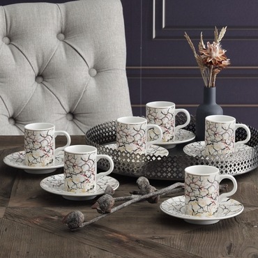 GÜRAL PORSELEN - CAMELIA 12 PARÇA 6 KİŞİLİK BONE TÜRK KAHVESİ FİNCAN TAKIMI - 5605