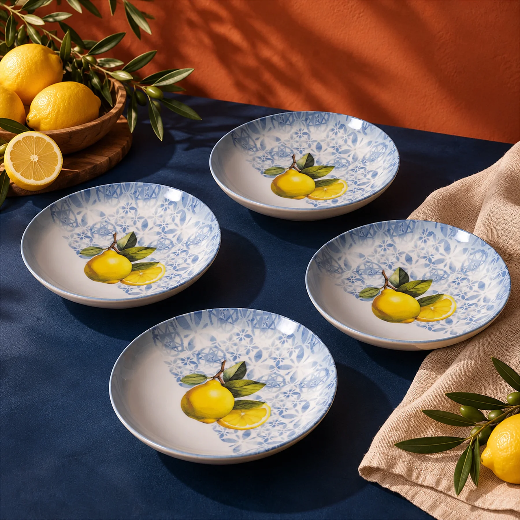 Camelia Limonlu 4'lü 20 cm Porselen Çukur Tabak Seti - 1
