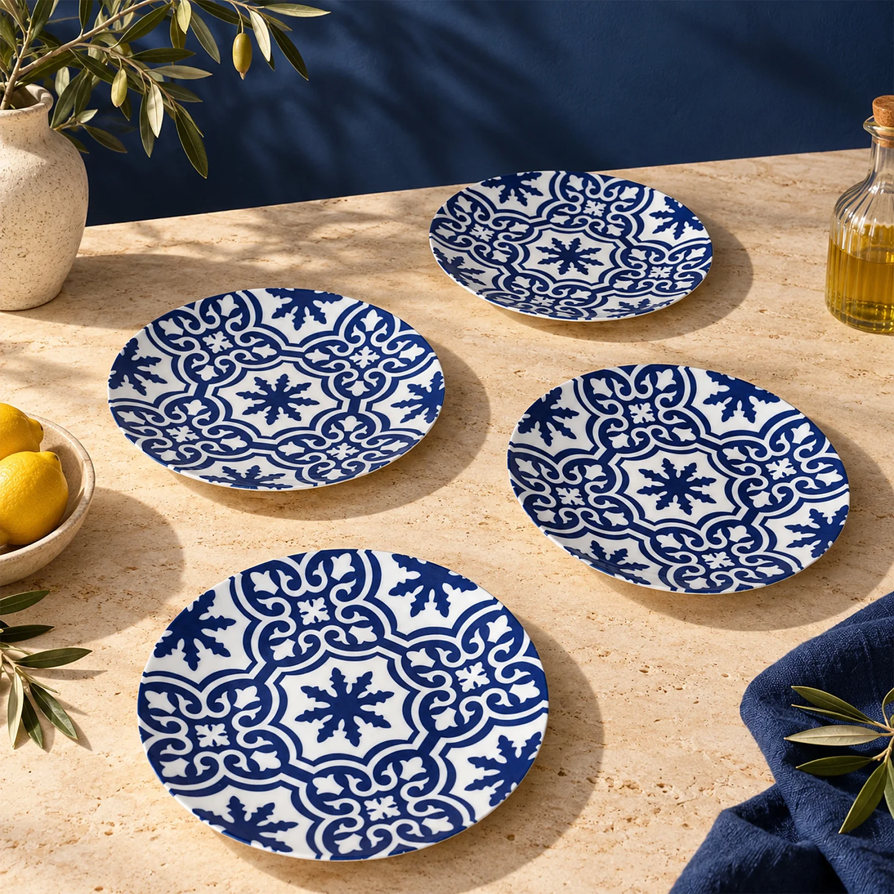 Çini Desenli 25 cm Porselen Düz Servis Tabağı 4 Kişilik - 2