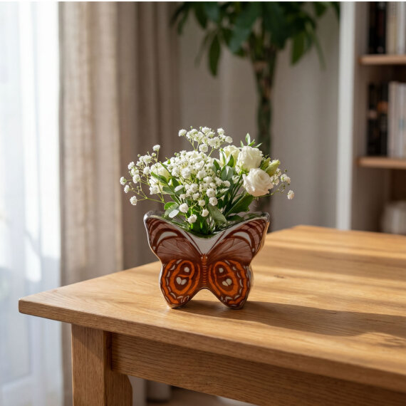 El Dekoru Kelebek Tasarımlı Dekoratif Porselen Vazo Turuncu 13x10 Cm - 1