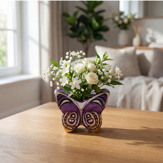 El Dekoru Kelebek Tasarımlı Dekoratif Porselen Vazo Mor 13x10 Cm - 1