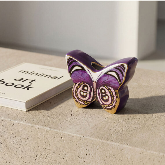 El Dekoru Kelebek Tasarımlı Dekoratif Porselen Vazo Mor 13x10 Cm - 3