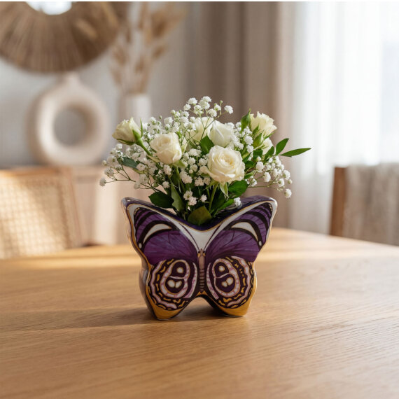 El Dekoru Kelebek Tasarımlı Dekoratif Porselen Vazo Mor 13x10 Cm - 6