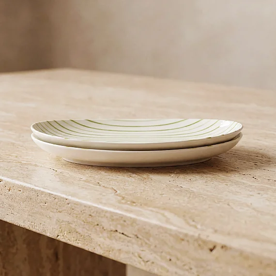 Yeşil çizgi desenli Elips 2'li 25 cm Porselen Kayık Tabak - 4
