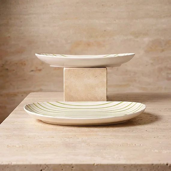 Yeşil çizgi desenli Elips 2'li 25 cm Porselen Kayık Tabak - 5