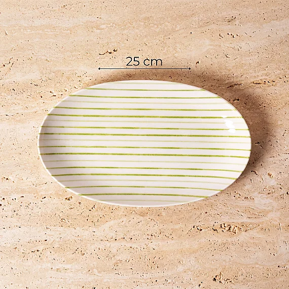 Yeşil çizgi desenli Elips 2'li 25 cm Porselen Kayık Tabak - 2
