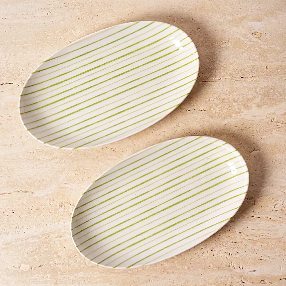 Yeşil çizgi desenli Elips 2'li 25 cm Porselen Kayık Tabak - 1