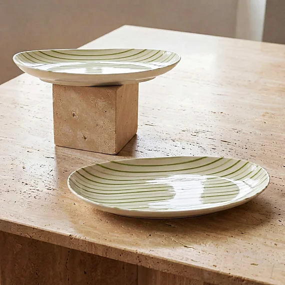 Yeşil çizgi desenli Elips 2'li 25 cm Porselen Kayık Tabak - 3