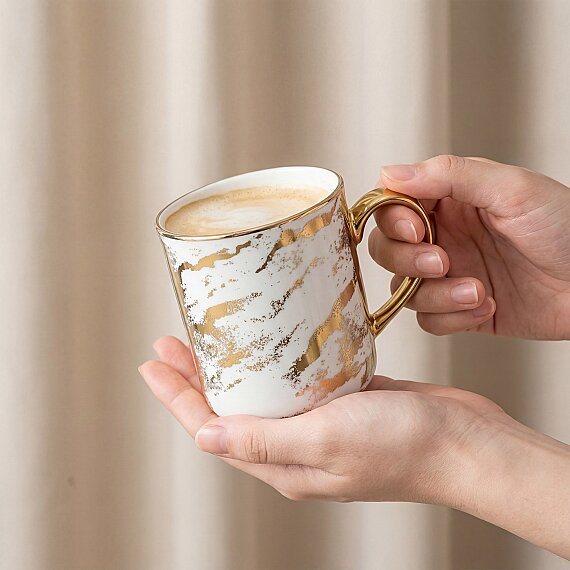 Gold Desenli Gold Kulplu Porselen Kupa - 3