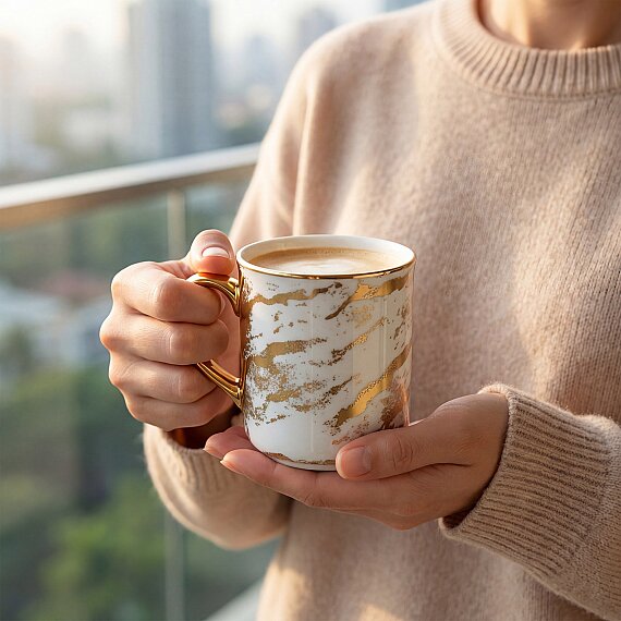 Gold Desenli Gold Kulplu Porselen Kupa - 4