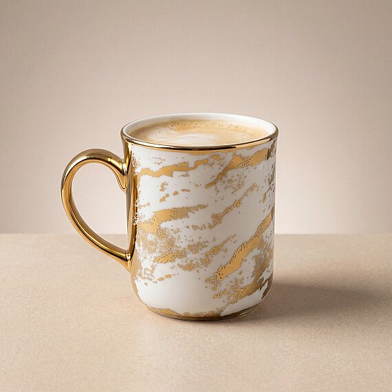 Gold Desenli Gold Kulplu Porselen Kupa - 1