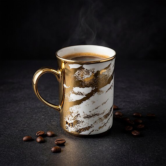 Gold Desenli Gold Kulplu Porselen Kupa - 2