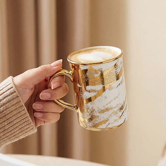 Gold Desenli Gold Kulplu Porselen Kupa - 4