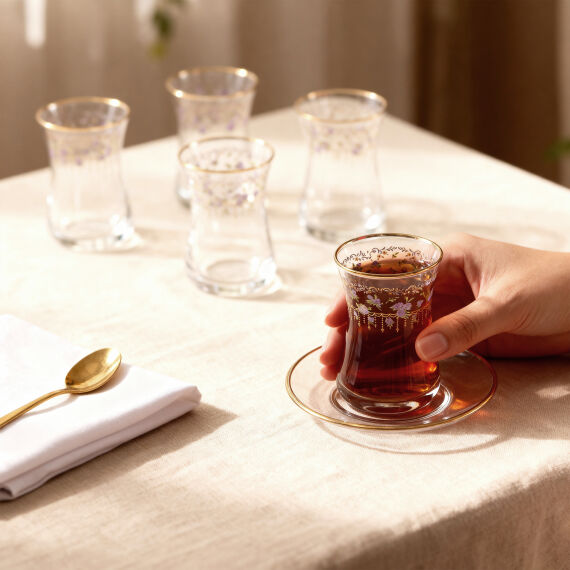 Güral Cam 12 Parça 6 Kişilik Çay Takımı Mor Çiçek - 4