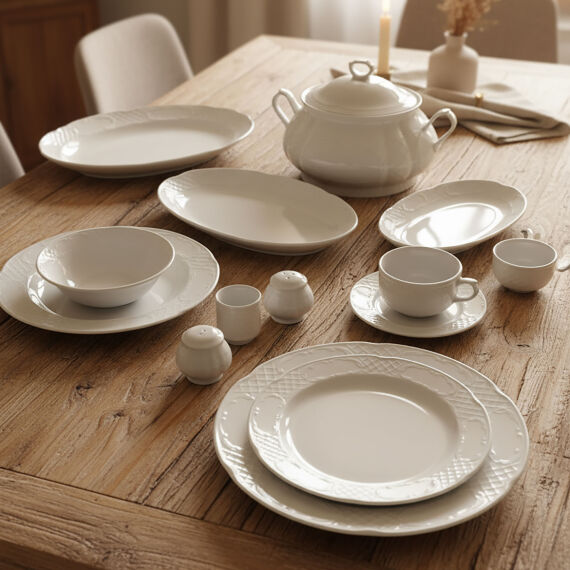 Bone Safir 82 Parça 12 Kişilik Rölyefli Yemek Takımı - 1