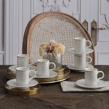 GÜRAL PORSELEN - CAMELIA 12 PARÇA 6 KİŞİLİK BONE TÜRK KAHVESİ FİNCAN TAKIMI - 5595
