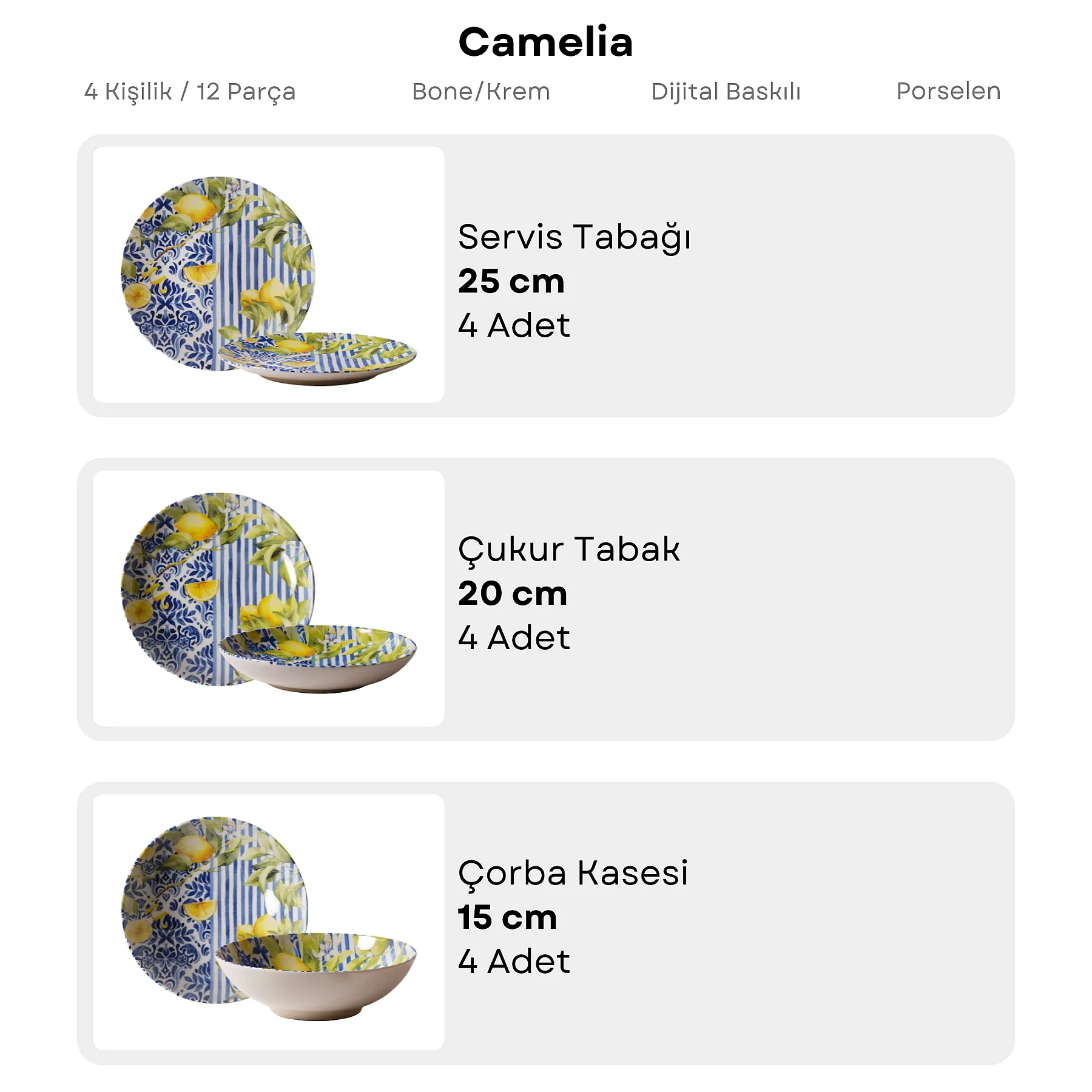 Camelia Lemon 12 Parça 4 Kişilik Yemek Takımı 55742 - 6