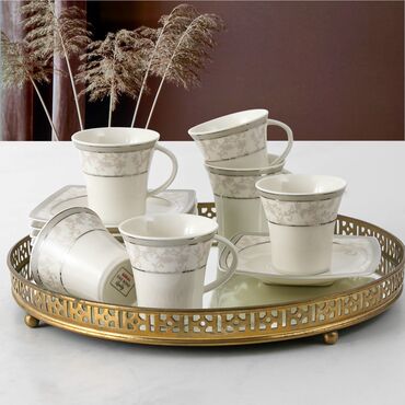 GÜRAL PORSELEN - CAROLINE 12 PARÇA 6 KİŞİLİK BONE TÜRK KAHVESİ TAKIMI - 5676