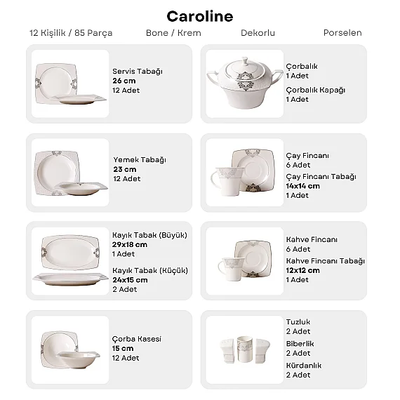 Caroline 85 Parça 12 Kişilik Kare Yemek Takımı 6001 - 5