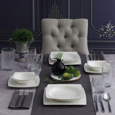 Caroline 85 Parça 12 Kişilik Kare Yemek Takımı Gümüş Yaldız 220 - GÜRAL PORSELEN