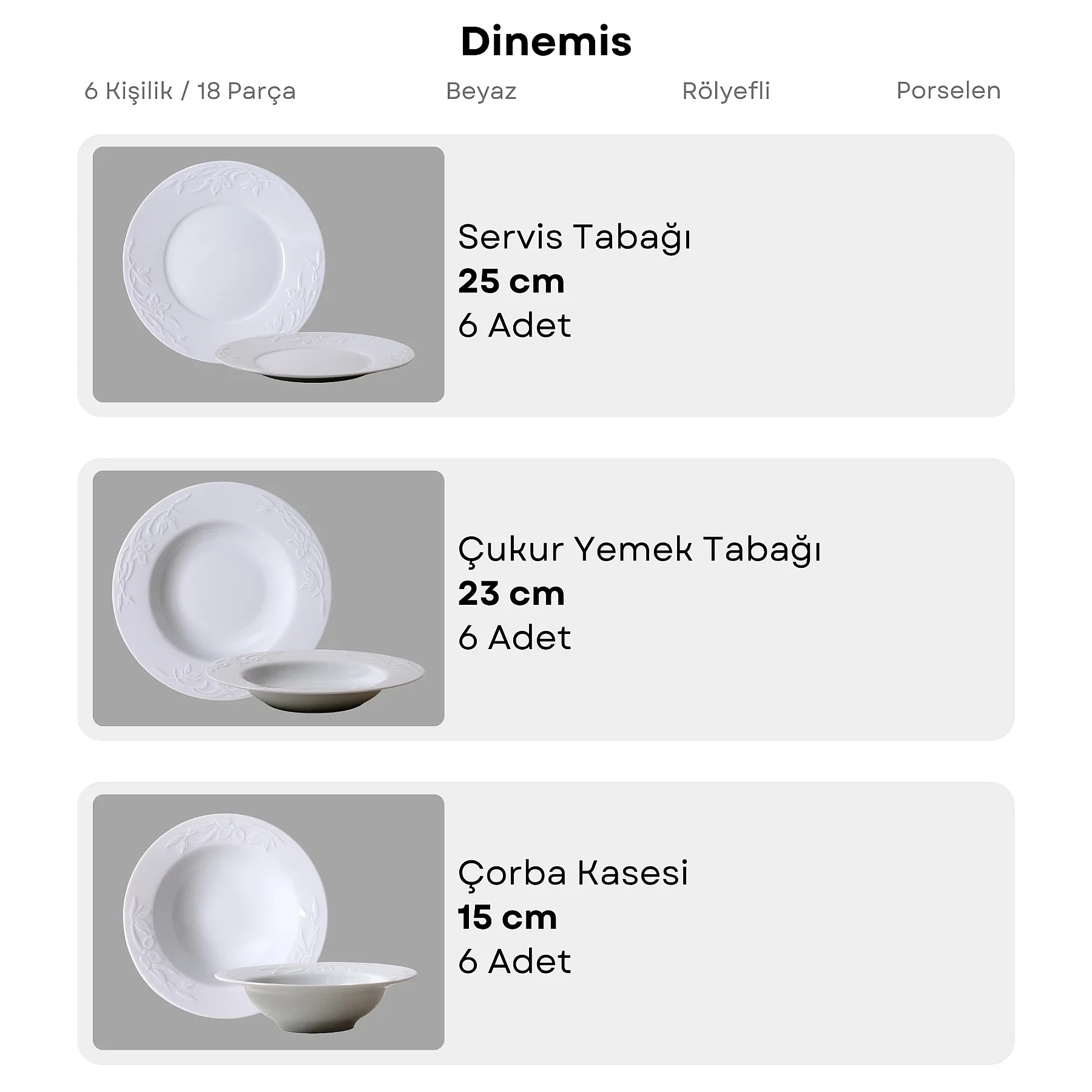 Dinemis 18 Parça 6 Kişilik Rölyefli Yemek Takımı - 5