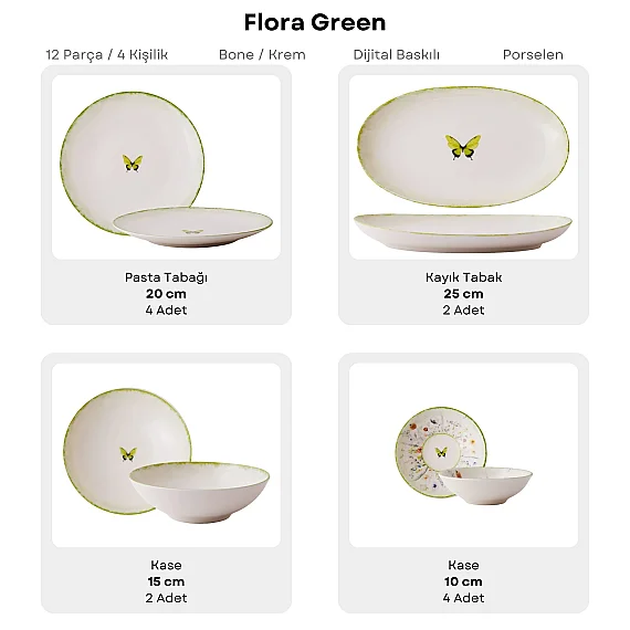 Flora Green 12 Parça 4 Kişilik Kahvaltı Takımı 4883 - 6
