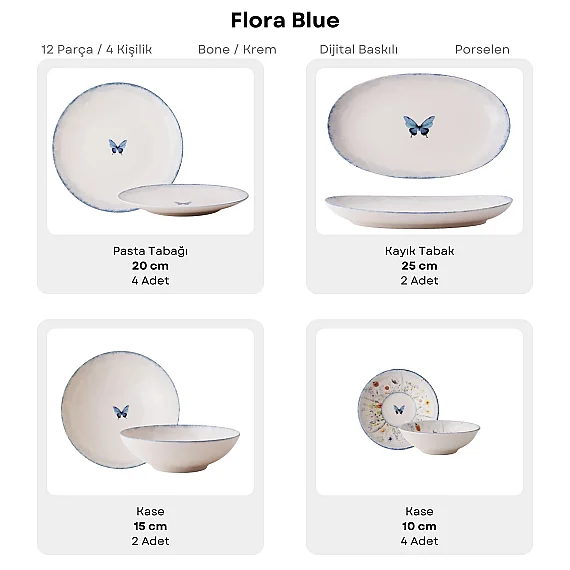 Flora Blue 12 Parça 4 Kişilik Kahvaltı Takımı 48833 - 5