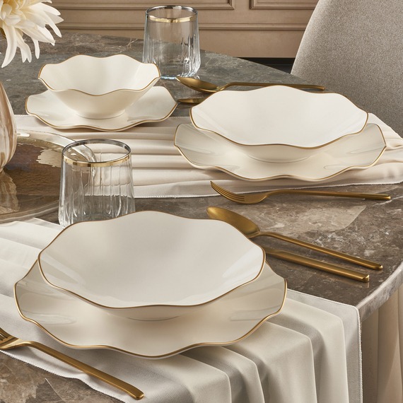 Nesrin 24 Parça 6 Kişilik Bone Yemek Takımı - Gold - 1