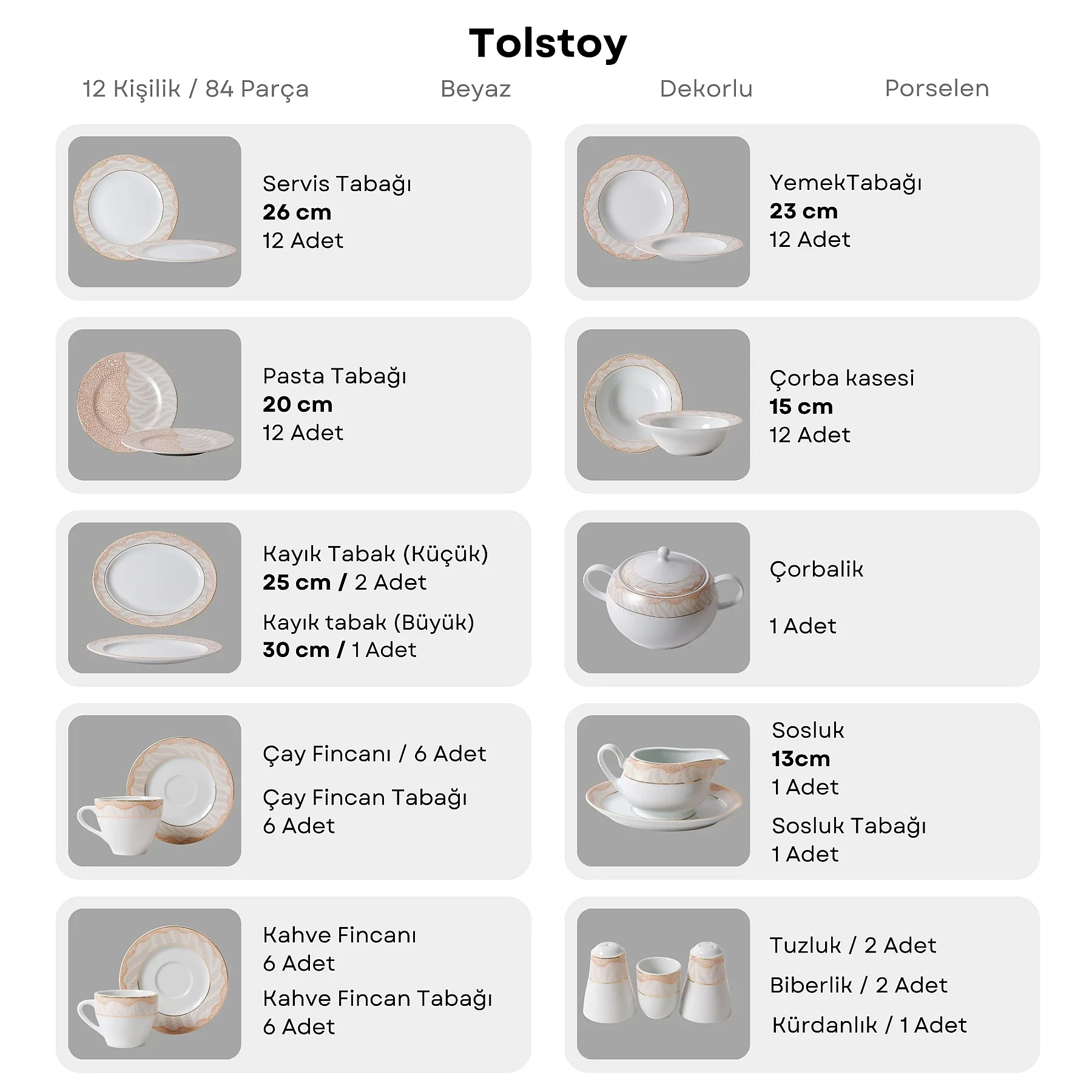 Tolstoy 84 Parça 12 Kişilik Porselen Yemek Takımı 6203 - 7
