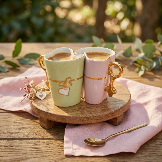 Vintage El Dekoru Kalp Detaylı Porselen 2’li Kupa Seti 350 cc - 1