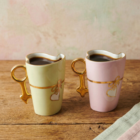 Vintage El Dekoru Kalp Detaylı Porselen 2’li Kupa Seti 350 cc - 2