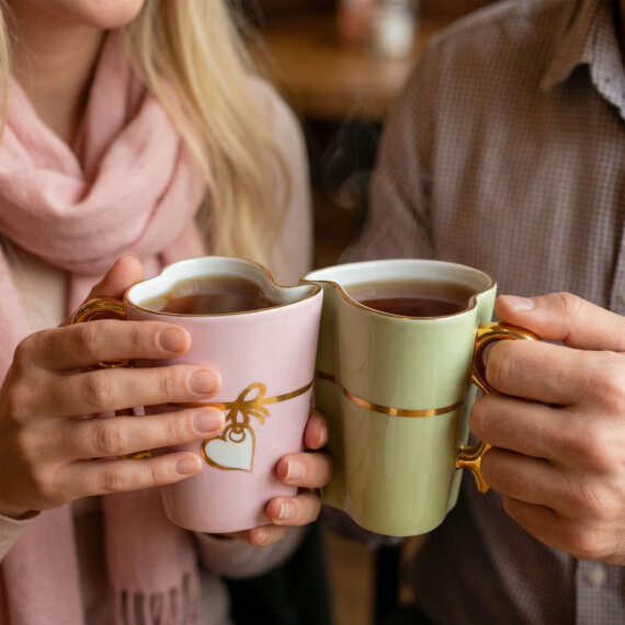 Vintage El Dekoru Kalp Detaylı Porselen 2’li Kupa Seti 350 cc - 4