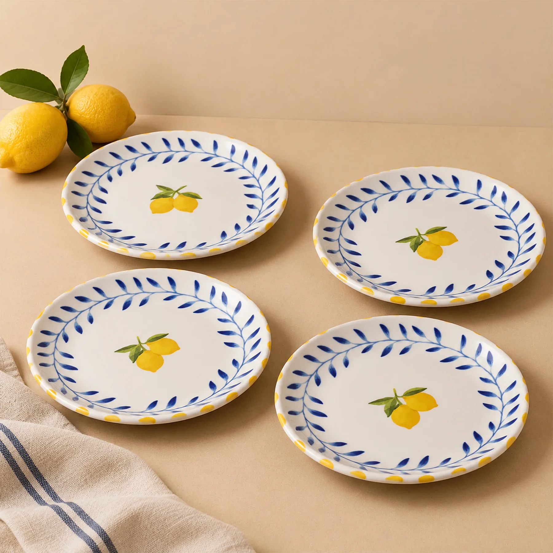 Limon Desenli 4 Kişilik 21 cm Porselen Düz Tabak Seti - 4