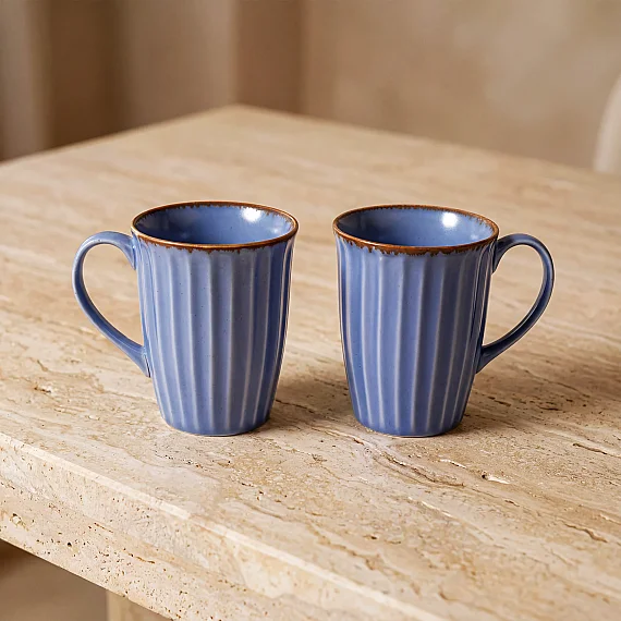 Mavi Rölyef Desenli 2'li Porselen Mug Seti - 2