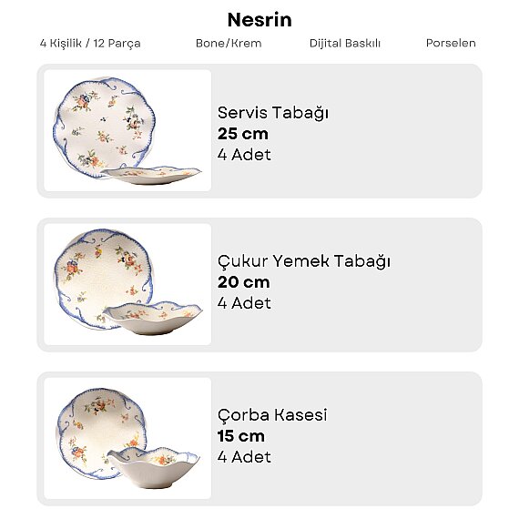 Güral Porselen Nesrin Çiçek Desenli 12 Parça 4 Kişilik Yemek Takımı - 5