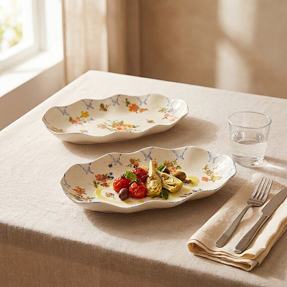 Nesrin Çiçek Desenli 24 cm 2'li Porselen Kayık Tabak Seti - 2