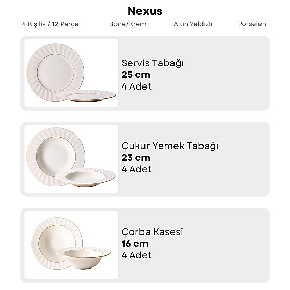 Nexus Yaldızlı 12 Parça 4 Kişilik Bone Porselen Yemek Takımı 6852 - 5