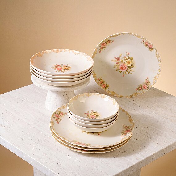 Pembe Vintage Çiçek Desenli 12 Parça 4 Kişilik Yemek Takımı - 5