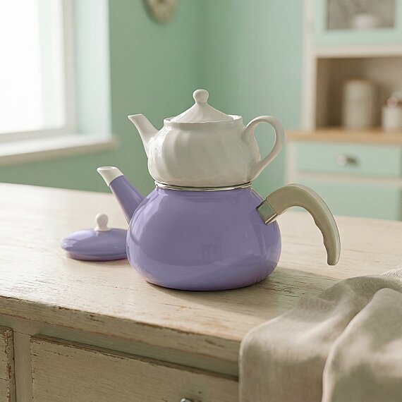 Porselen Demlikli Emaye Çaydanlık Takımı Lila - 2