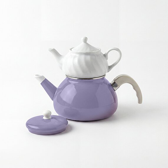 Porselen Demlikli Emaye Çaydanlık Takımı Lila - 3