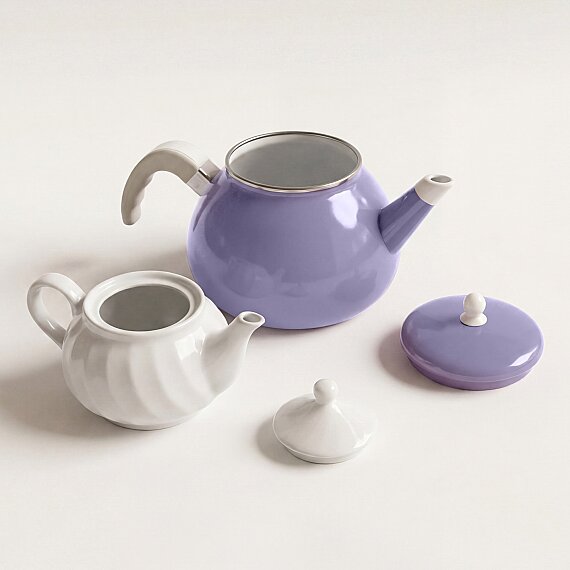 Porselen Demlikli Emaye Çaydanlık Takımı Lila - 4