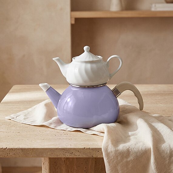 Porselen Demlikli Emaye Çaydanlık Takımı Lila - 5