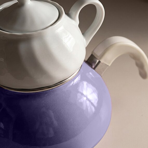 Porselen Demlikli Emaye Çaydanlık Takımı Lila - 6