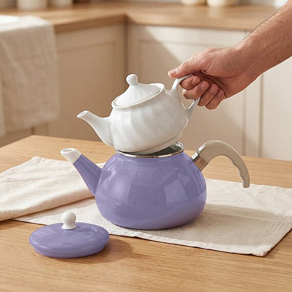 Porselen Demlikli Emaye Çaydanlık Takımı Lila - 1
