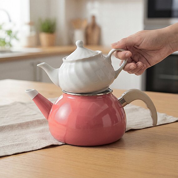 Porselen Demlikli Emaye Çaydanlık Takımı - Pembe - 1